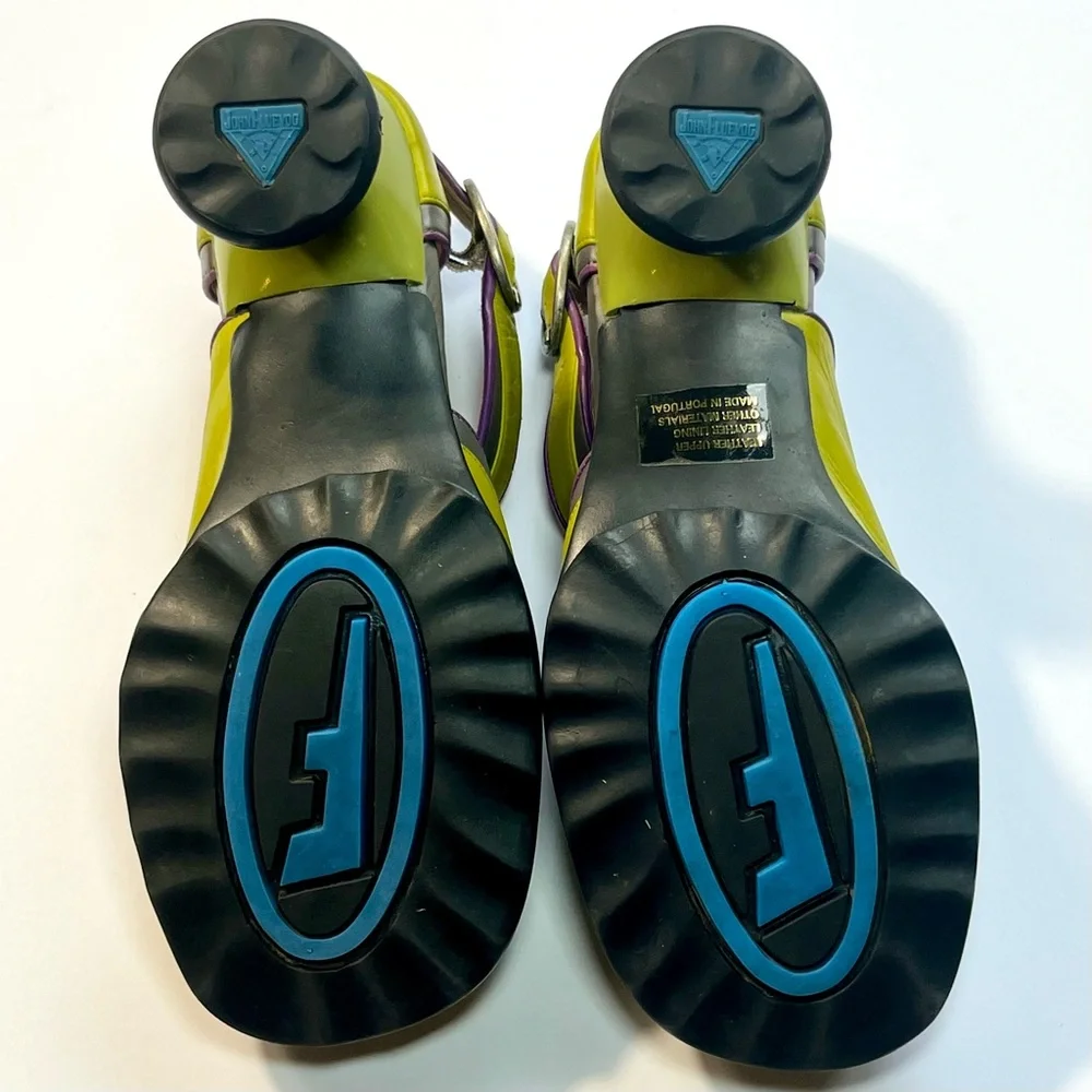 SOLD Fluevog Elif Mary Jane Mini Heels Shoes Olive Green Purple Buckle Strap - Picture 13 of 14